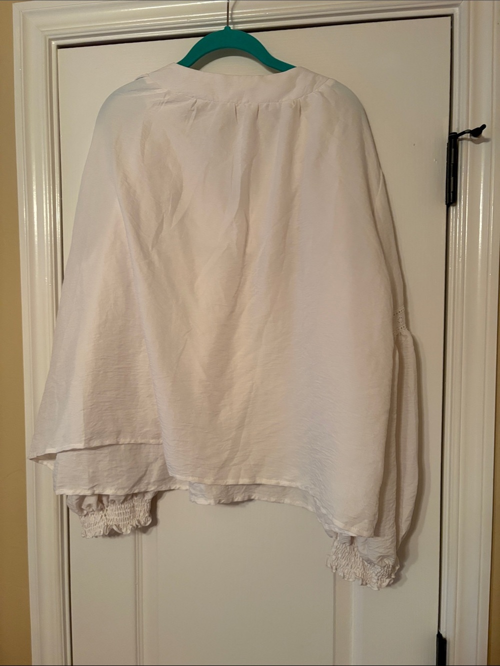 White V-Neck Peasant Blouse with Lace Trim - Picture 6 of 6